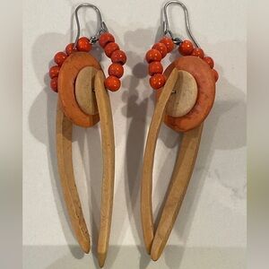 Handcrafted Wooden and Orange Beaded pierced Dangle Earrings Vintage